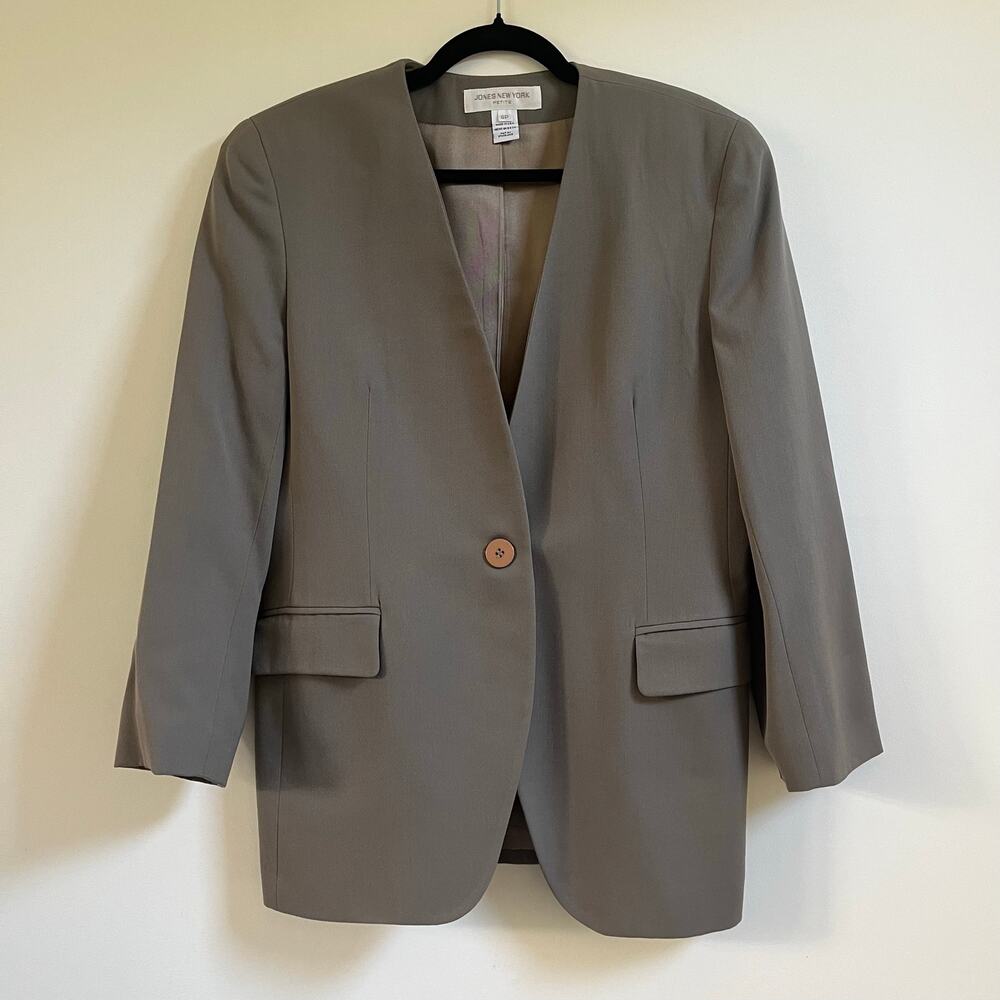 VTG 90s Jones New York Womens Blazer 6P Taupe Brown Worsted Wool Collarless